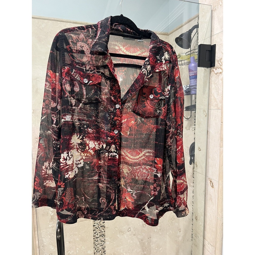 Additions By Chicos Sheer Blouse Size 3 Black Red Nude Asian Swirl Floral Blouse
